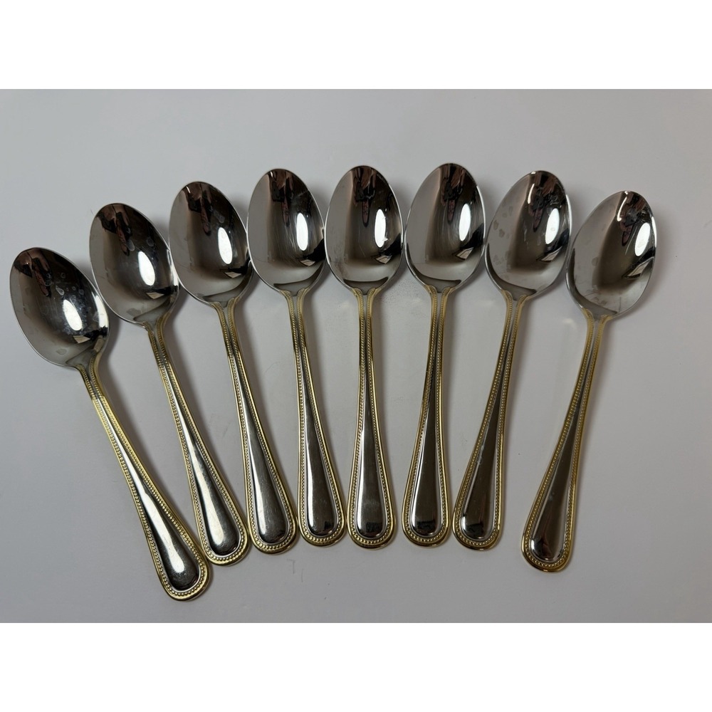 Set of 8 Wallace Gold Royal Bead Stainless Place Oval Soup Spoons 7 1/4"